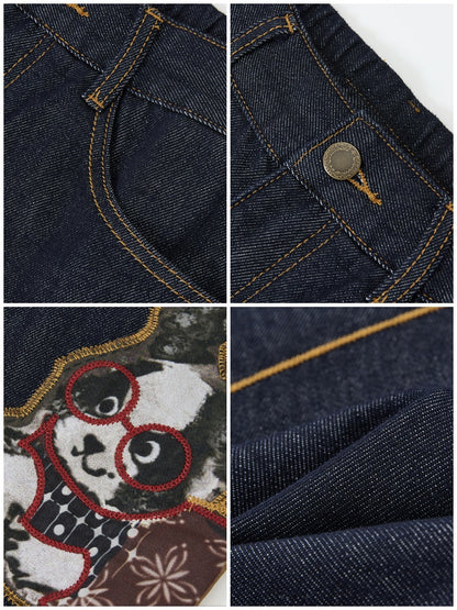 "Dog Walking Pants" Elastic Waist Slightly Denim Jeans【s0000014732】