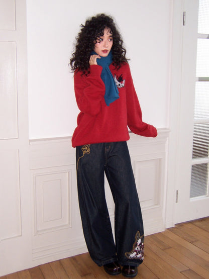 "Dog Walking Pants" Elastic Waist Slightly Denim Jeans【s0000014732】