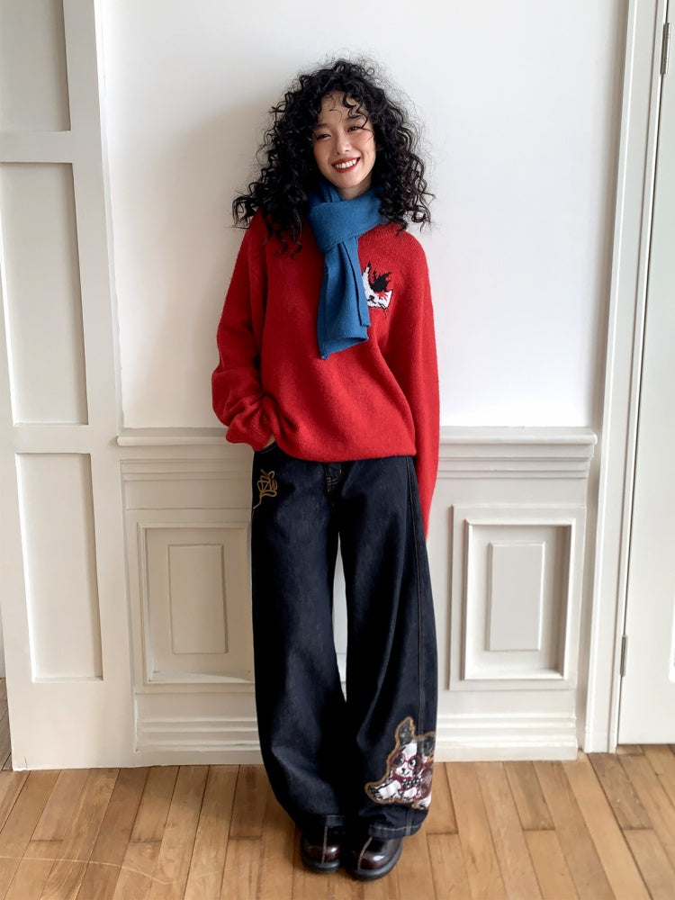 "Dog Walking Pants" Elastic Waist Slightly Denim Jeans【s0000014732】