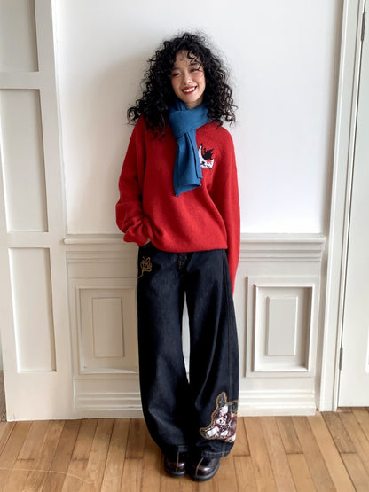 "Dog Walking Pants" Elastic Waist Slightly Denim Jeans【s0000014732】