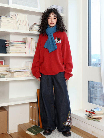 "Dog Walking Pants" Elastic Waist Slightly Denim Jeans【s0000014732】