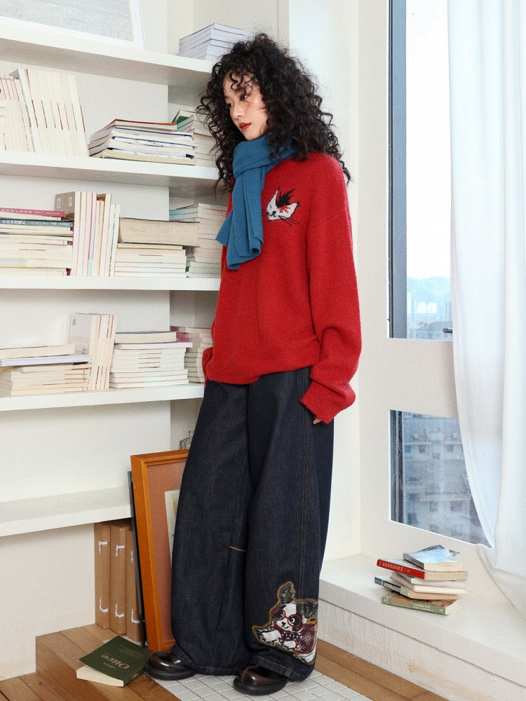 "Dog Walking Pants" Elastic Waist Slightly Denim Jeans【s0000014732】