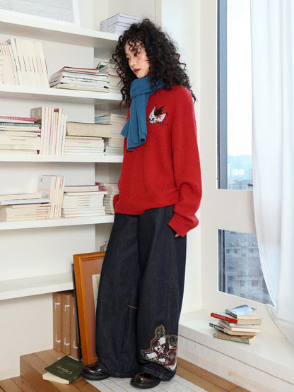 "Dog Walking Pants" Elastic Waist Slightly Denim Jeans【s0000014732】