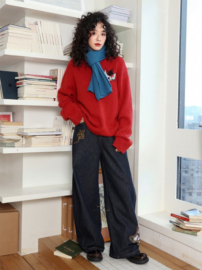 "Dog Walking Pants" Elastic Waist Slightly Denim Jeans【s0000014732】