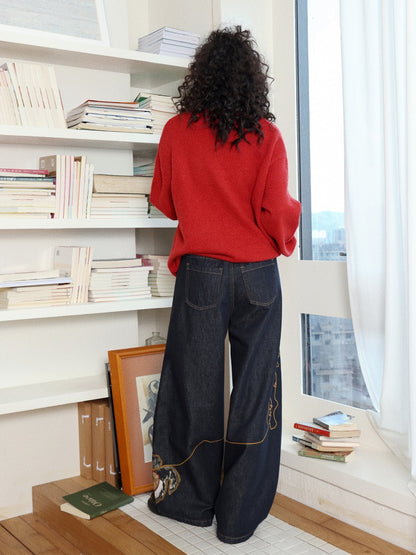"Dog Walking Pants" Elastic Waist Slightly Denim Jeans【s0000014732】