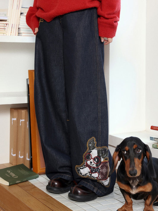 "Dog Walking Pants" Elastic Waist Slightly Denim Jeans【s0000014732】