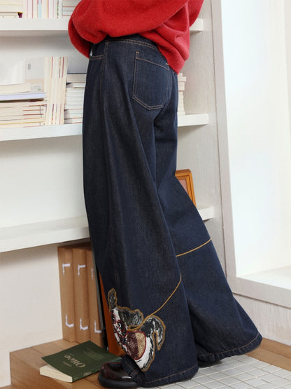"Dog Walking Pants" Elastic Waist Slightly Denim Jeans【s0000014732】