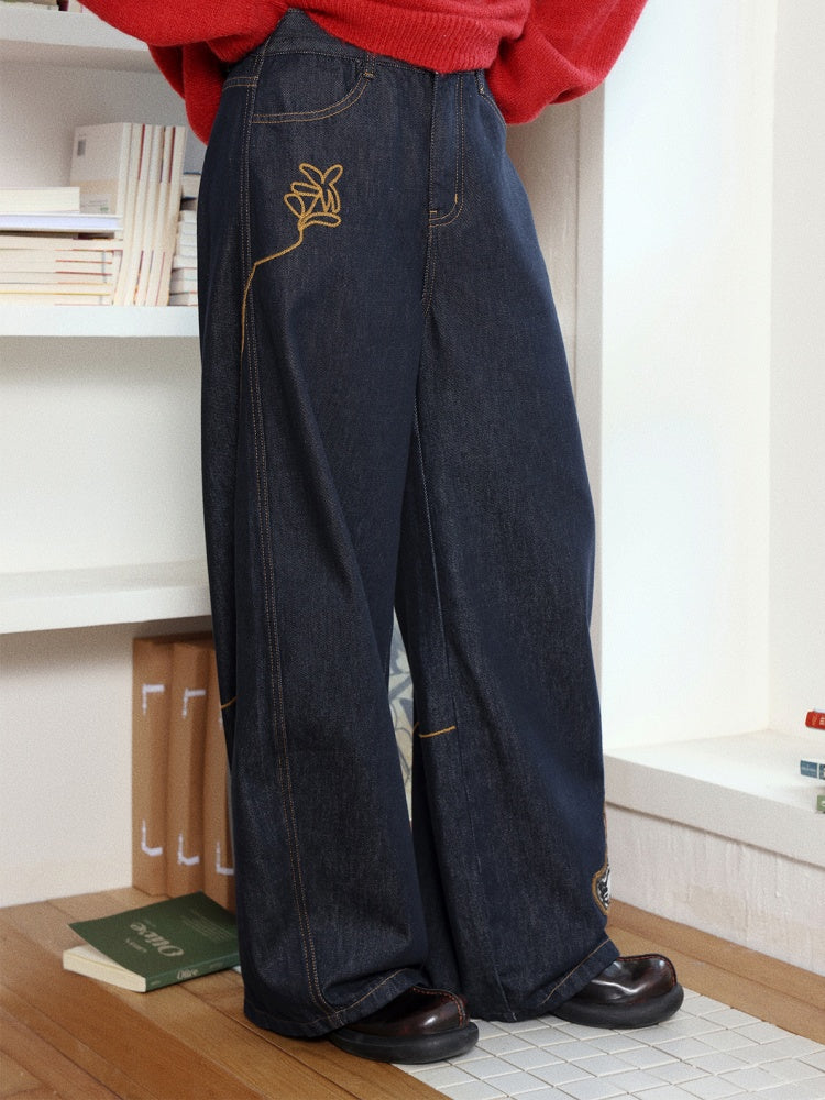 "Dog Walking Pants" Elastic Waist Slightly Denim Jeans【s0000014732】