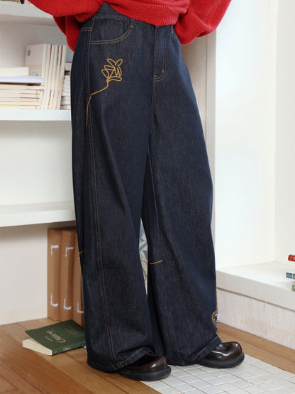 "Dog Walking Pants" Elastic Waist Slightly Denim Jeans【s0000014732】