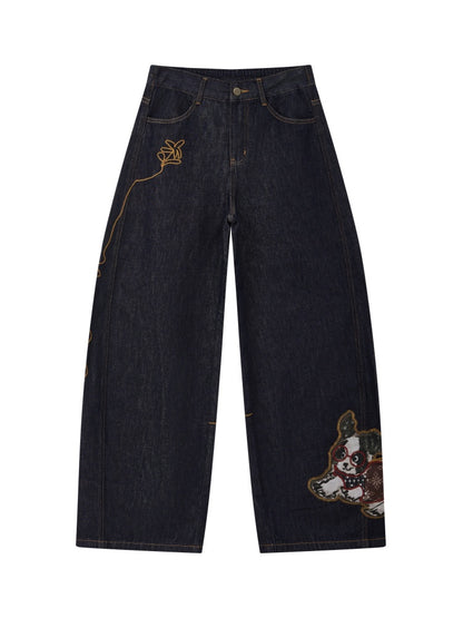 "Dog Walking Pants" Elastic Waist Slightly Denim Jeans【s0000014732】