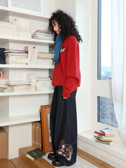 "Dog Walking Pants" Elastic Waist Slightly Denim Jeans【s0000014732】