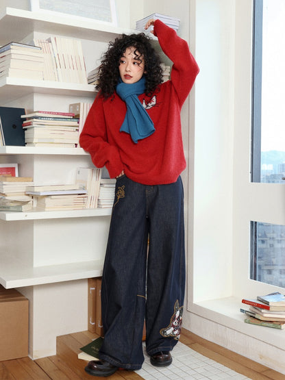 "Dog Walking Pants" Elastic Waist Slightly Denim Jeans【s0000014732】