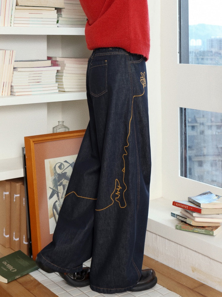 "Dog Walking Pants" Elastic Waist Slightly Denim Jeans【s0000014732】