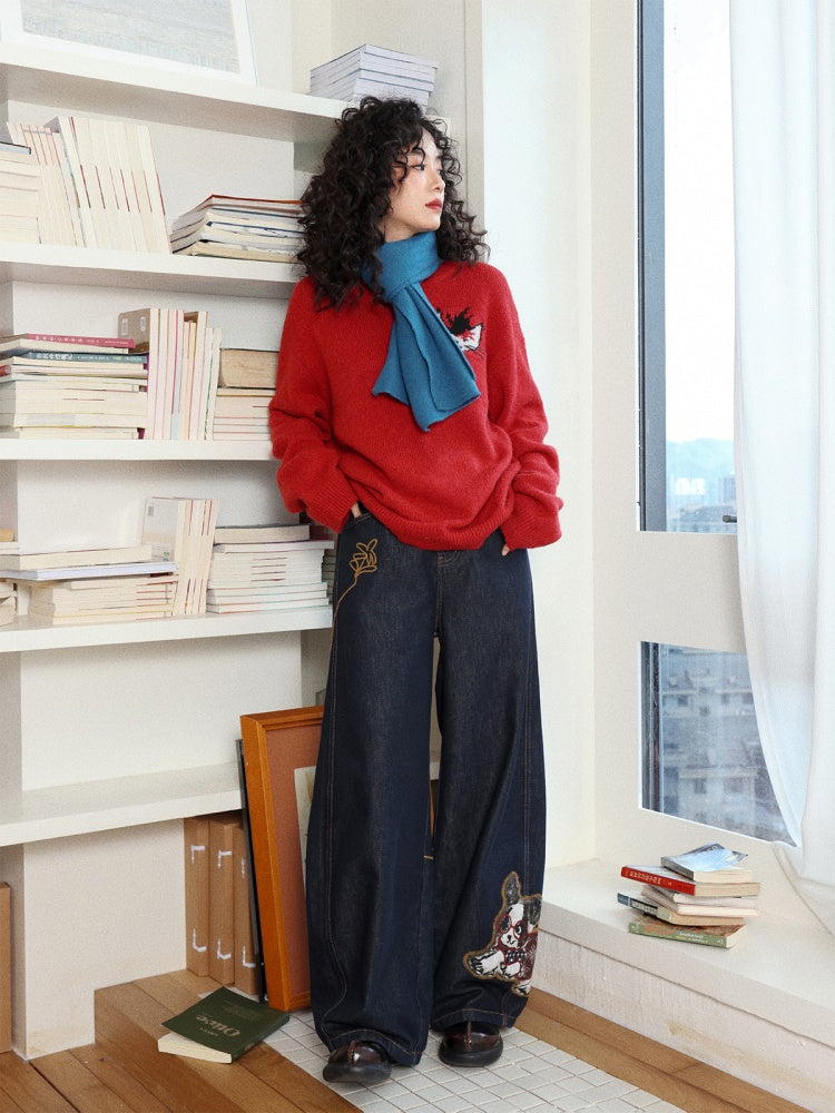 "Dog Walking Pants" Elastic Waist Slightly Denim Jeans【s0000014732】