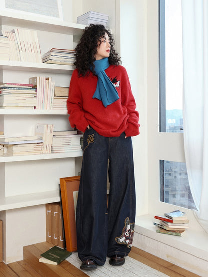 "Dog Walking Pants" Elastic Waist Slightly Denim Jeans【s0000014732】