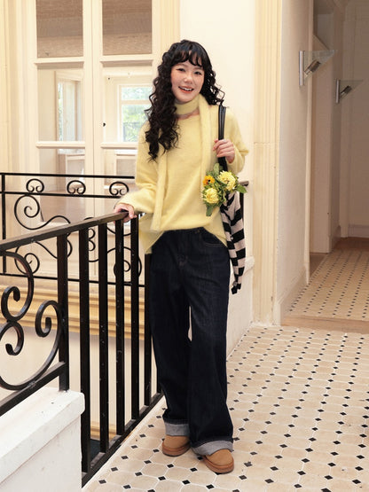 "Dim Sum Roll" Sheep Wool Solid Color Belt Scarf Pullover Sweater【s0000014734】