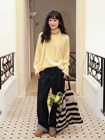 "Dim Sum Roll" Sheep Wool Solid Color Belt Scarf Pullover Sweater【s0000014734】