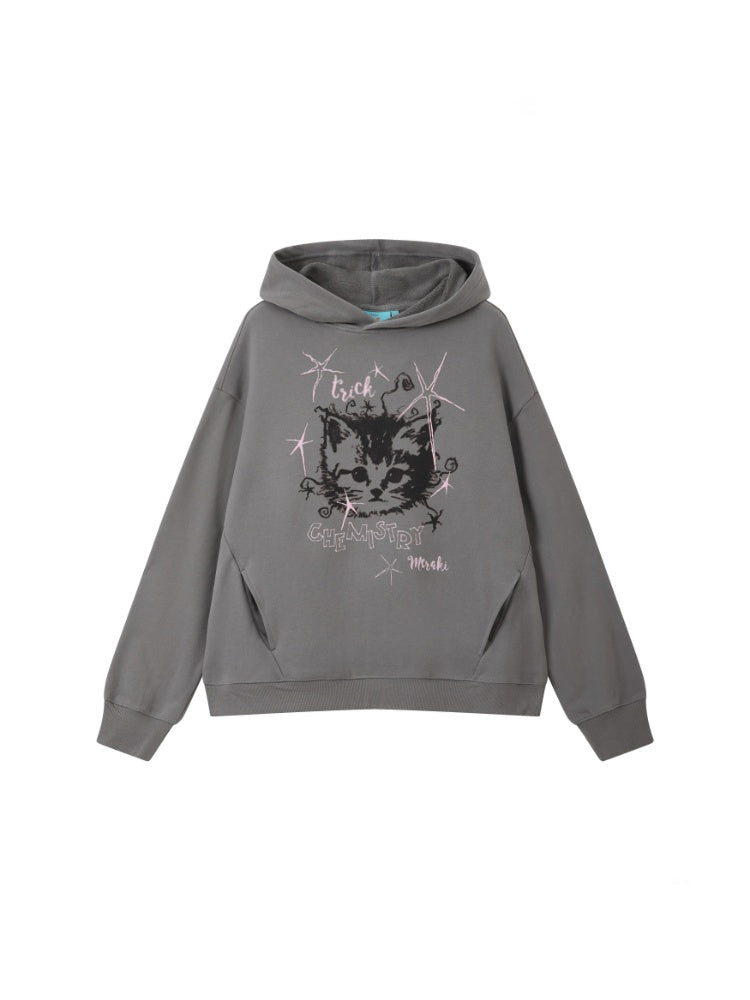 "Starburst Rebel" Kitten Print Hooded Loose Sweatshirt【s0000014735】