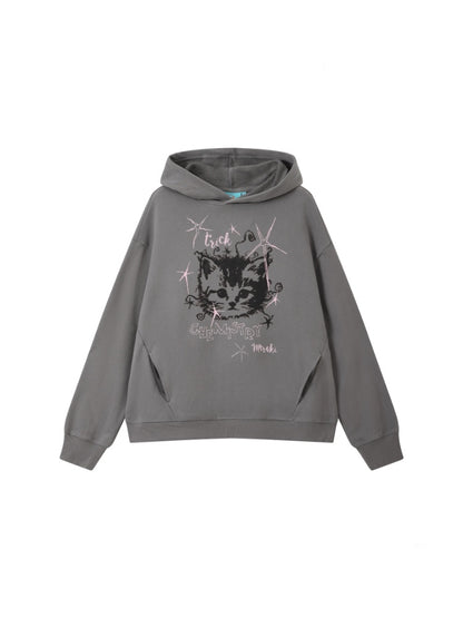 "Starburst Rebel" Kitten Print Hooded Loose Sweatshirt【s0000014735】