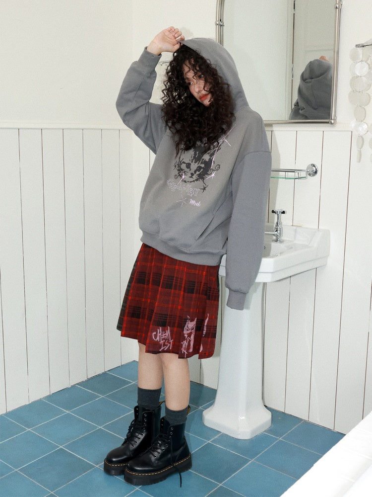 "Starburst Rebel" Kitten Print Hooded Loose Sweatshirt【s0000014735】