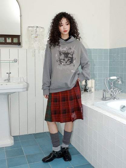 "Starburst Rebel" Kitten Print Hooded Loose Sweatshirt【s0000014735】