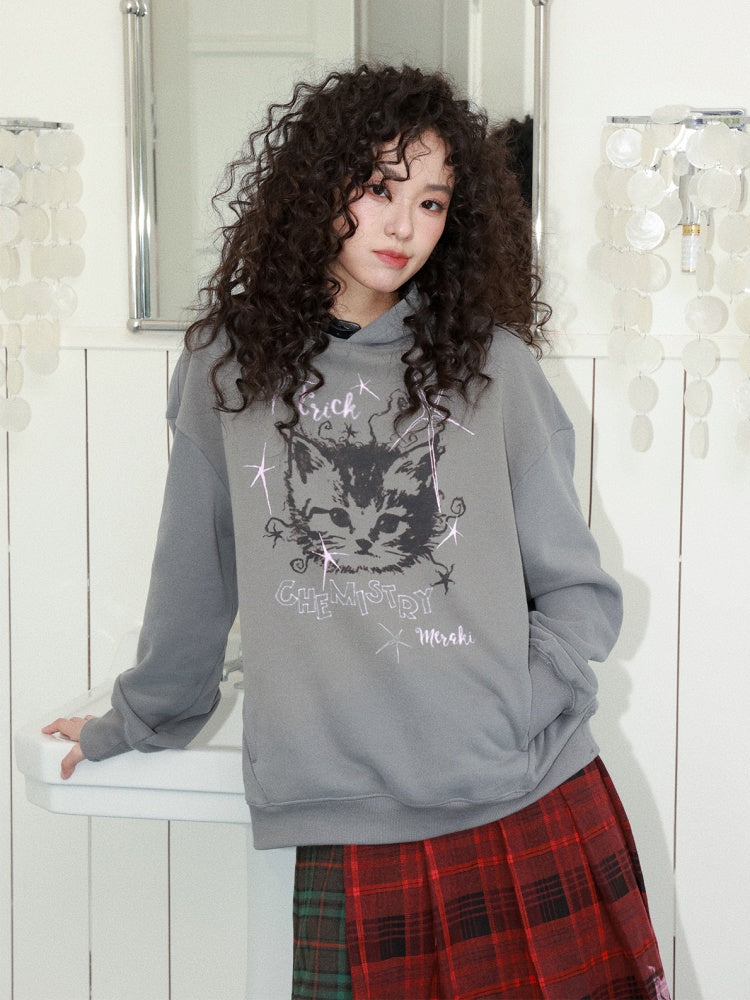 "Starburst Rebel" Kitten Print Hooded Loose Sweatshirt【s0000014735】