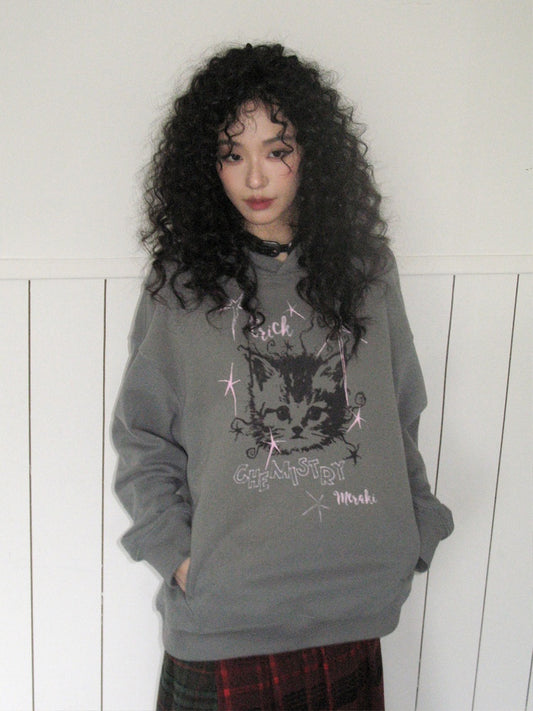"Starburst Rebel" Kitten Print Hooded Loose Sweatshirt【s0000014735】