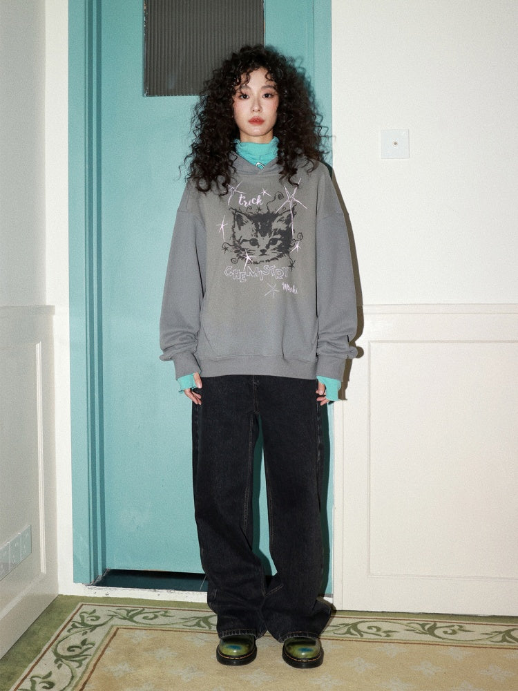 "Starburst Rebel" Kitten Print Hooded Loose Sweatshirt【s0000014735】