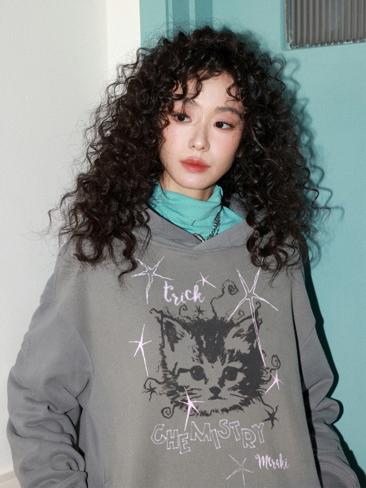 "Starburst Rebel" Kitten Print Hooded Loose Sweatshirt【s0000014735】