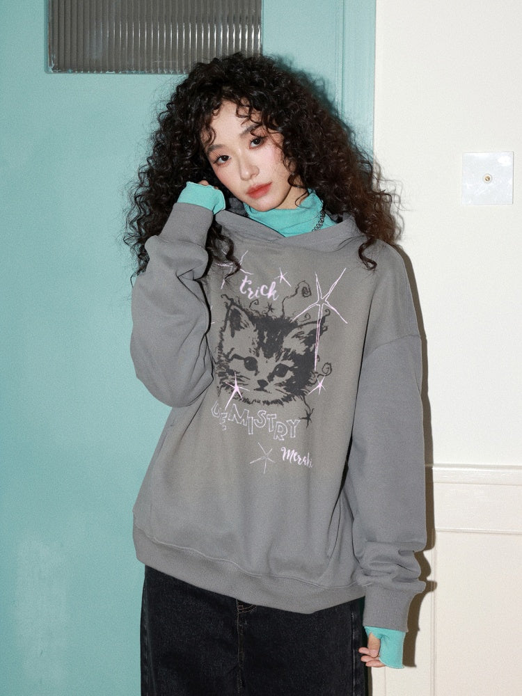 "Starburst Rebel" Kitten Print Hooded Loose Sweatshirt【s0000014735】