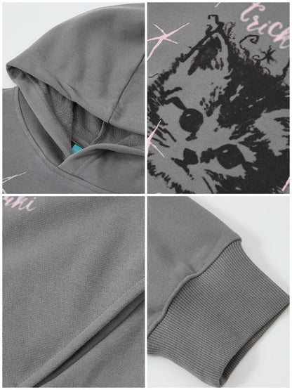 "Starburst Rebel" Kitten Print Hooded Loose Sweatshirt【s0000014735】