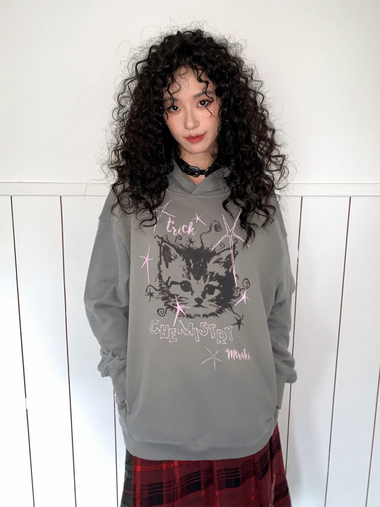 "Starburst Rebel" Kitten Print Hooded Loose Sweatshirt【s0000014735】