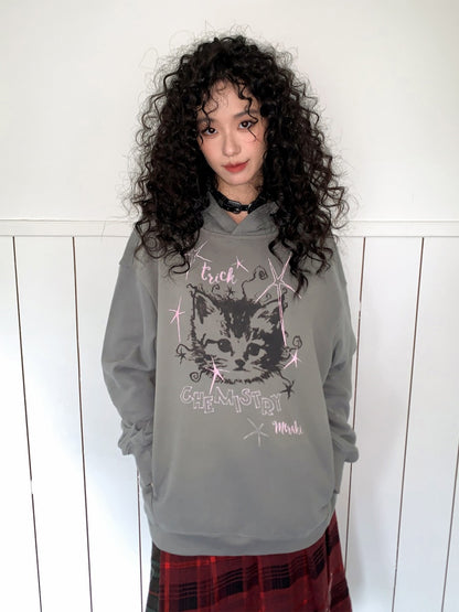 "Starburst Rebel" Kitten Print Hooded Loose Sweatshirt【s0000014735】