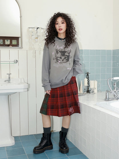 "Starburst Rebel" Kitten Print Hooded Loose Sweatshirt【s0000014735】