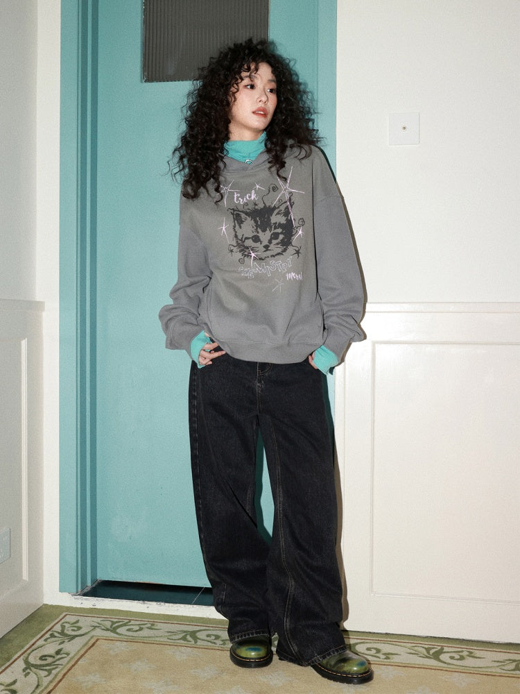 "Starburst Rebel" Kitten Print Hooded Loose Sweatshirt【s0000014735】