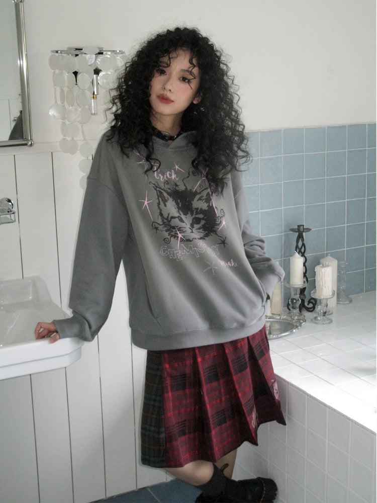 "Starburst Rebel" Kitten Print Hooded Loose Sweatshirt【s0000014735】