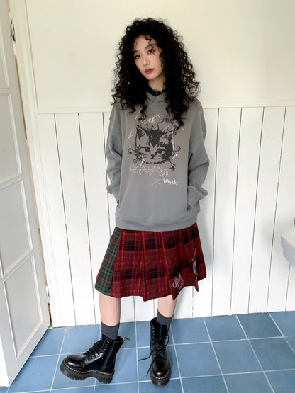 "Starburst Rebel" Kitten Print Hooded Loose Sweatshirt【s0000014735】
