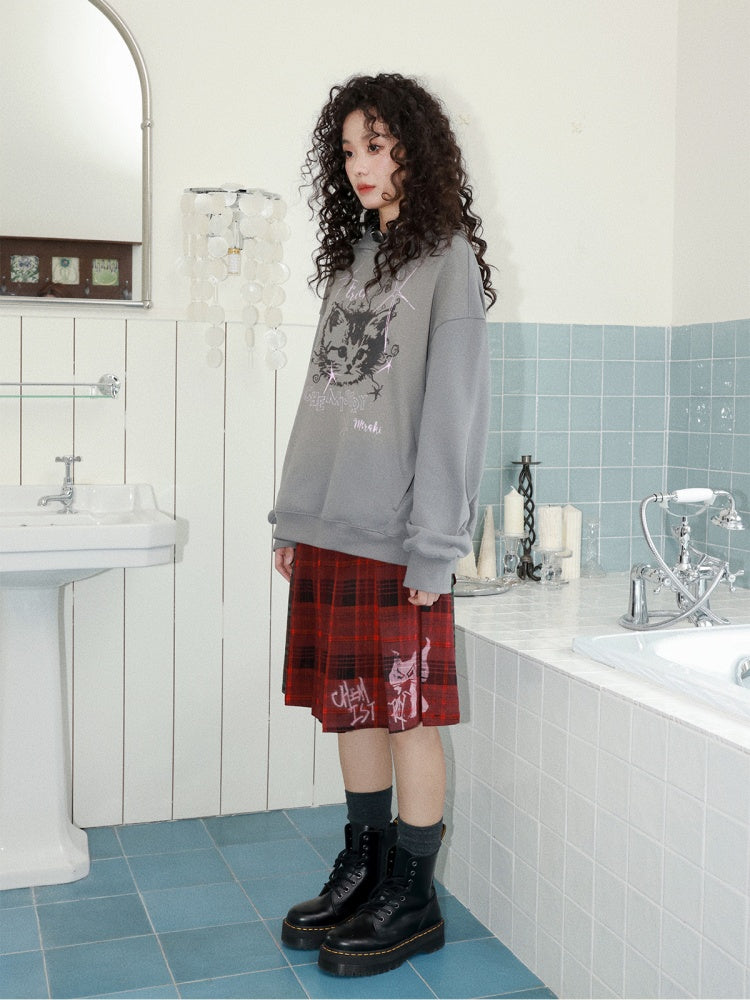 "Starburst Rebel" Kitten Print Hooded Loose Sweatshirt【s0000014735】