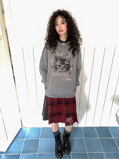 "Starburst Rebel" Kitten Print Hooded Loose Sweatshirt【s0000014735】