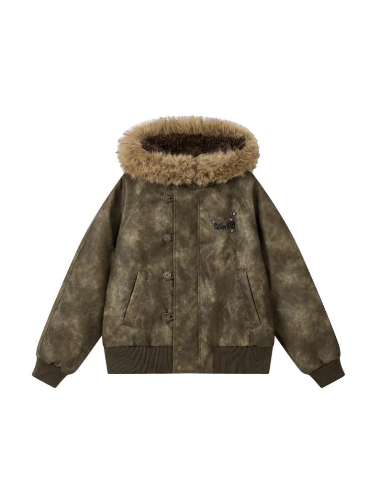 "Wild Cherry Blossom Wasteland" Leather White Duck Collar Down Jacket【s0000014737】