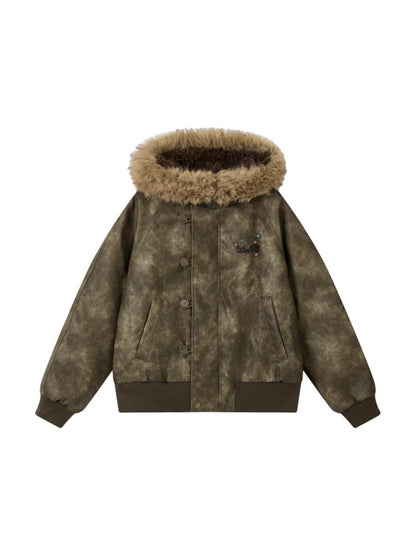 "Wild Cherry Blossom Wasteland" Leather White Duck Collar Down Jacket【s0000014737】