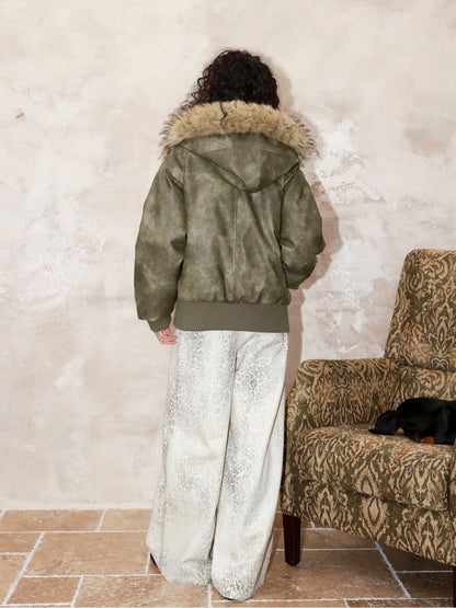 "Wild Cherry Blossom Wasteland" Leather White Duck Collar Down Jacket【s0000014737】