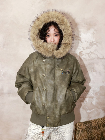 "Wild Cherry Blossom Wasteland" Leather White Duck Collar Down Jacket【s0000014737】