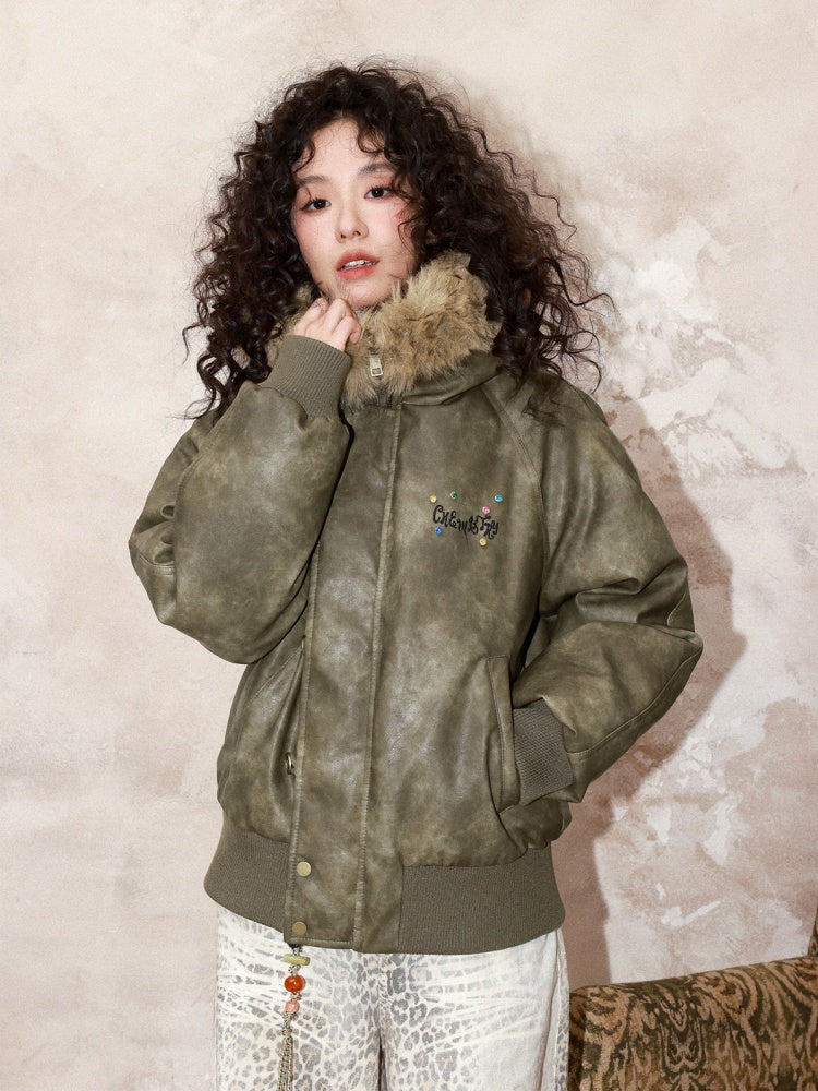 "Wild Cherry Blossom Wasteland" Leather White Duck Collar Down Jacket【s0000014737】