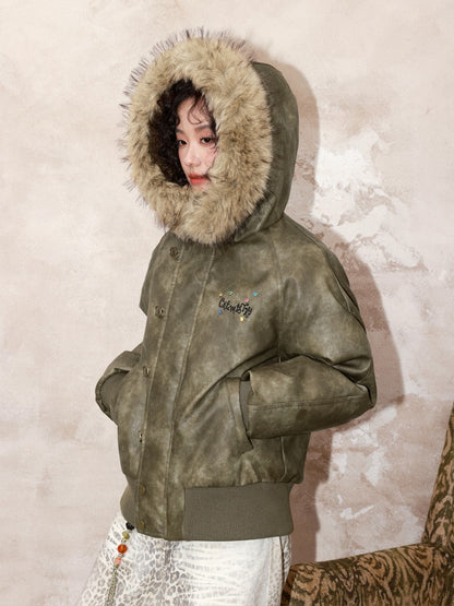 "Wild Cherry Blossom Wasteland" Leather White Duck Collar Down Jacket【s0000014737】