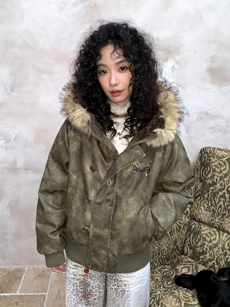 "Wild Cherry Blossom Wasteland" Leather White Duck Collar Down Jacket【s0000014737】