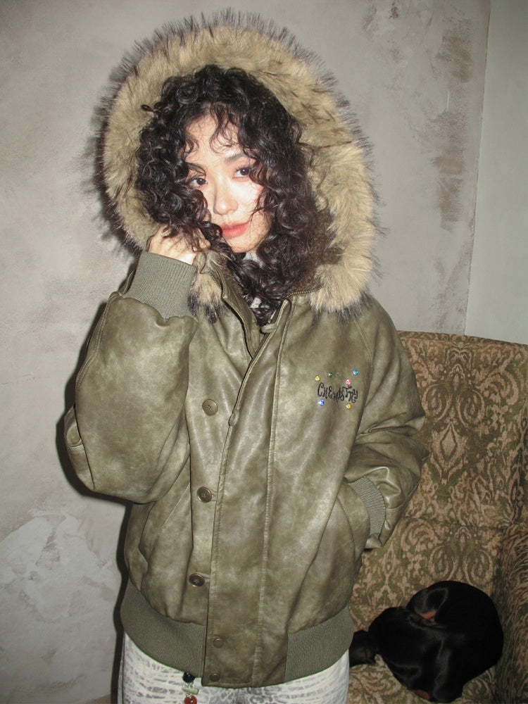"Wild Cherry Blossom Wasteland" Leather White Duck Collar Down Jacket【s0000014737】
