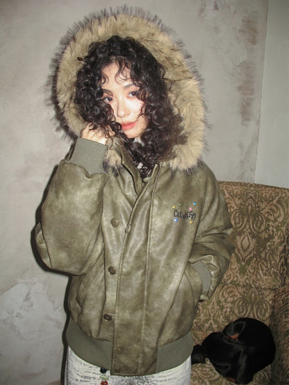 "Wild Cherry Blossom Wasteland" Leather White Duck Collar Down Jacket【s0000014737】