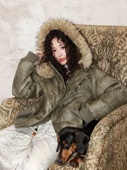 "Wild Cherry Blossom Wasteland" Leather White Duck Collar Down Jacket【s0000014737】