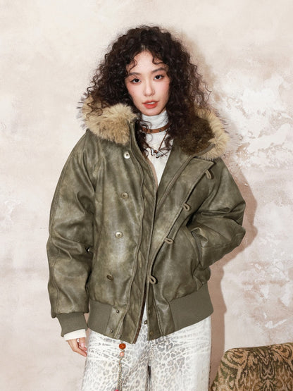"Wild Cherry Blossom Wasteland" Leather White Duck Collar Down Jacket【s0000014737】